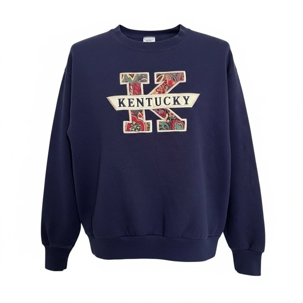 Vintage 80s Delta Kentucky Applique Crewneck Sweater Size L Made in USA Retro